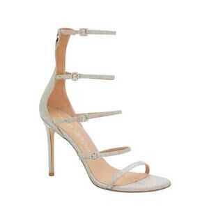 NIB Stuart Weitzman Nudist 7.5 Crystal Buckle Sandals 100mm Silver Glitter $625